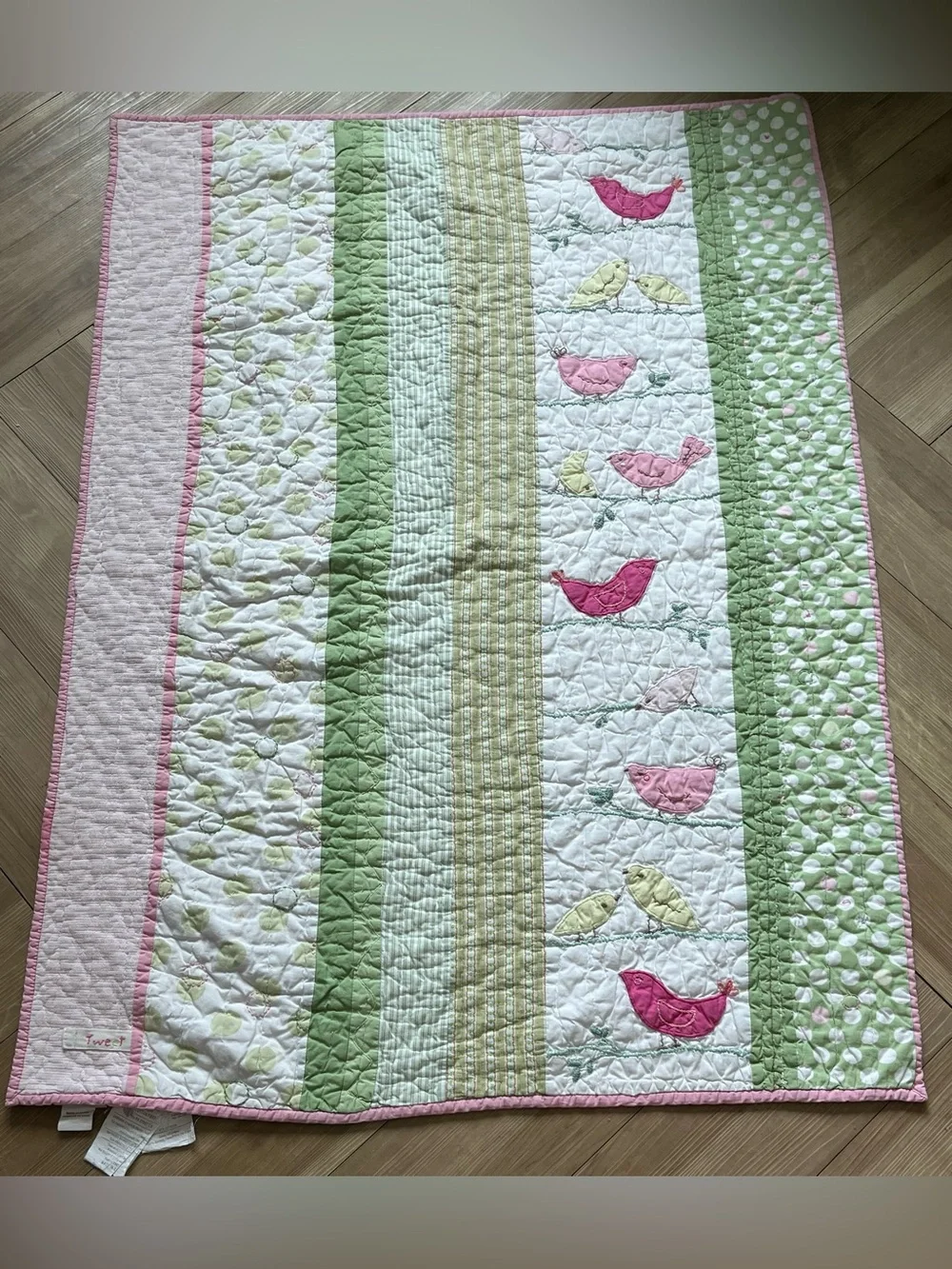 Pottery Barn Kids Tweet Bird Baby Quilt Pink Green 33" x 48" - Picture 1 of 12